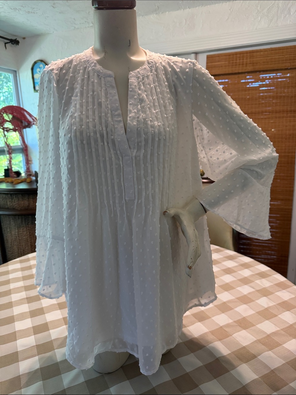 Style & Co. White Swiss Dot Pintuck Peasant Tunic